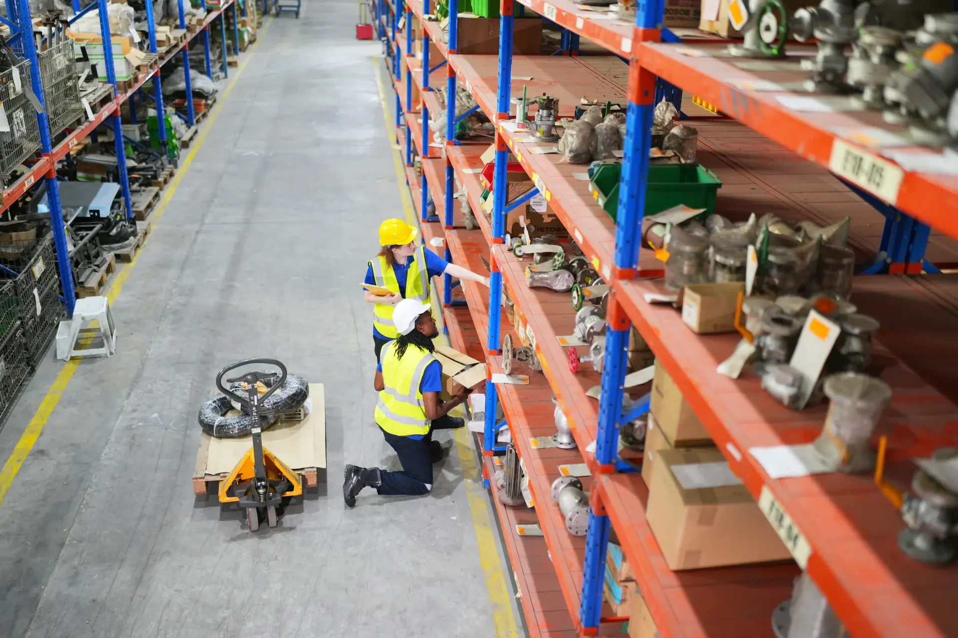 Industrial stock stored in a warehouse and reviewed by the operations team