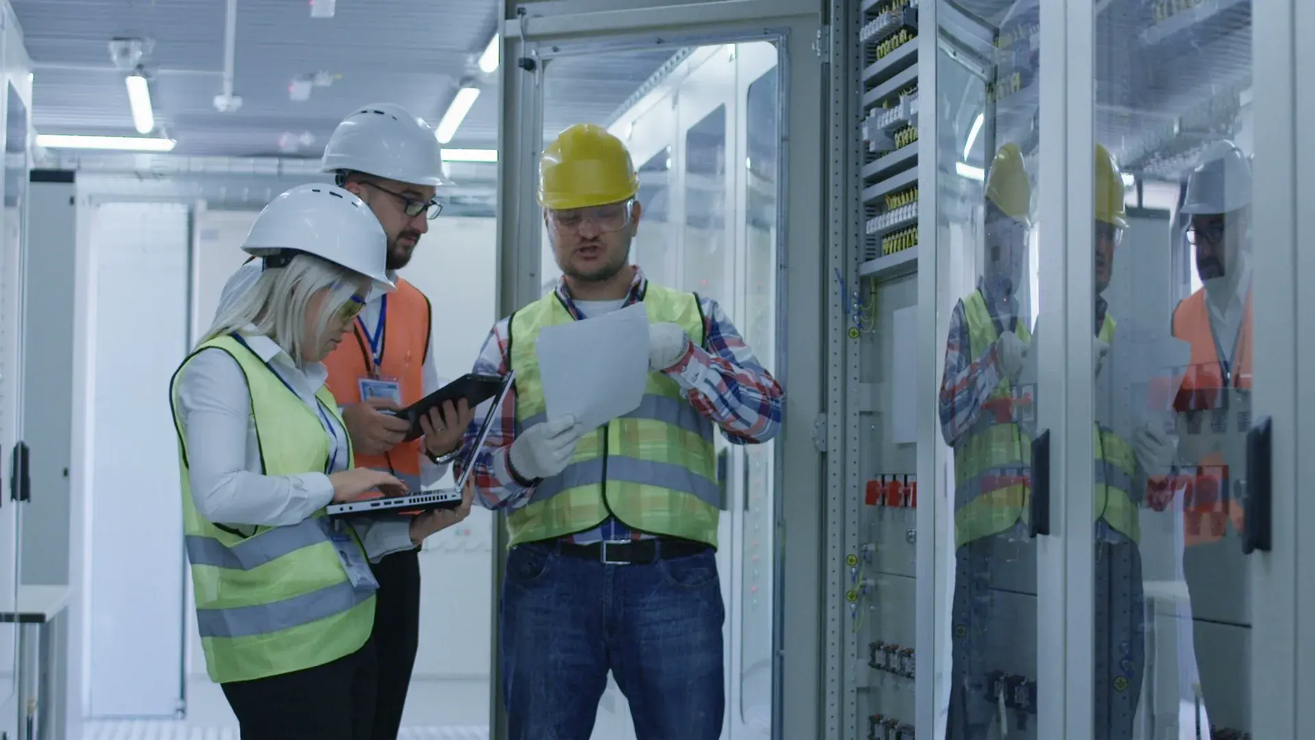 Industrial professionals reviewing equipment records together